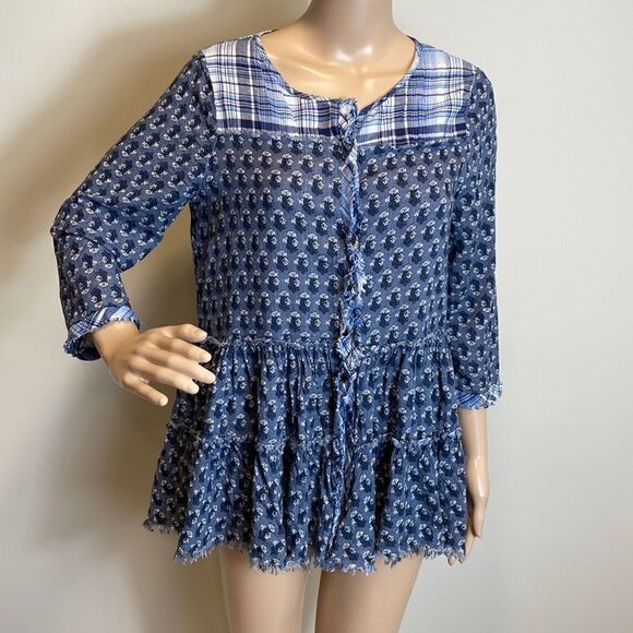 Oddy floral plaid print fringe detailing long sleeve peplum boho top size S - Picture 1 of 10